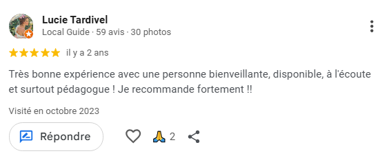 Avis Google 5 étoiles mettant en avant la bienveillance, la disponibilité et la pédagogie de MediaBoOz