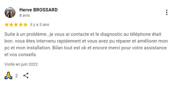Avis Google 5 étoiles décrivant un diagnostic efficace, une intervention rapide et l’amélioration d’une installation informatique