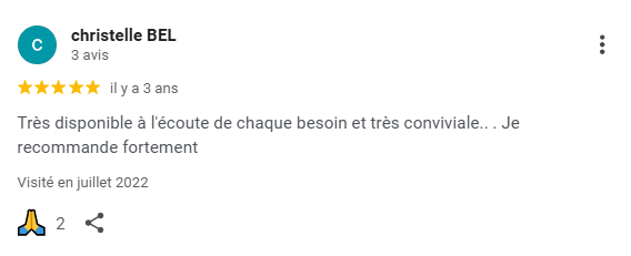 Avis Google 5 étoiles mettant en avant une grande disponibilité, une écoute attentive et une interaction conviviale avec MediaBoOz