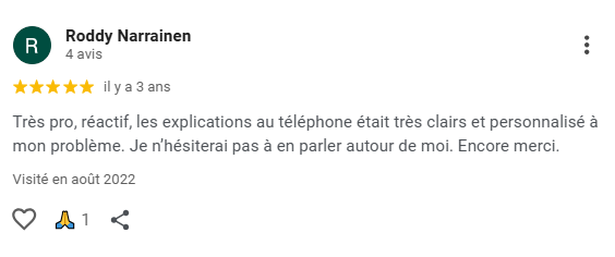 Avis Google 5 étoiles décrivant MediaBoOz comme très professionnel, réactif et donnant des explications claires et personnalisées