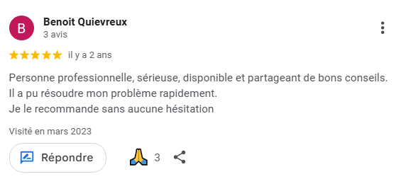 Avis Google 5 étoiles recommandant MediaBoOz pour son professionnalisme, sa disponibilité et la résolution rapide d’un problème informatique
