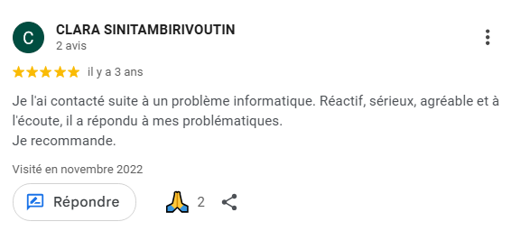 Avis Google 5 étoiles mettant en avant la réactivité, le sérieux et l’écoute lors d’un dépannage informatique.
