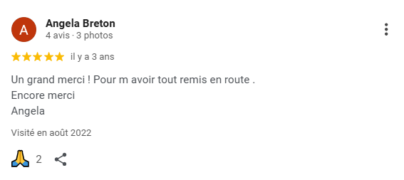 Avis Google 5 étoiles remerciant MediaBoOz pour avoir remis un ordinateur en route rapidement et pour la qualité du dépannage informatique