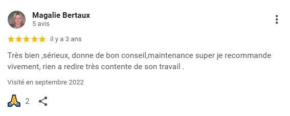 Avis Google 5 étoiles mentionnant le sérieux, les bons conseils et la qualité de la maintenance informatique réalisée par MediaBoOz