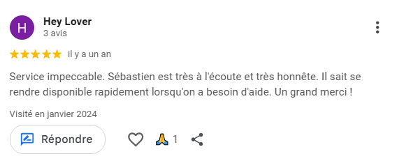 Avis Google 5 étoiles saluant un service impeccable, une écoute attentive et une grande honnêteté