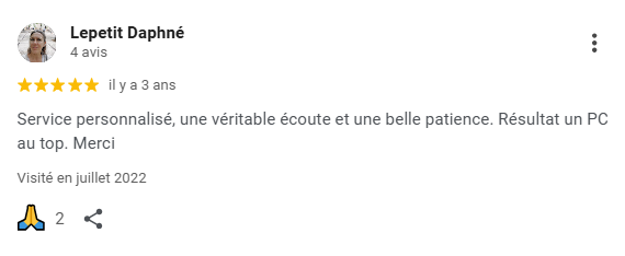 Avis Google 5 étoiles soulignant un service personnalisé, une écoute attentive et une grande patience lors d’un dépannage informatique