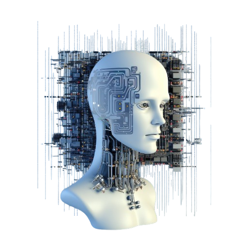 Modèle de tête cybernétique avec circuits électroniques représentant l’intelligence artificielle et les systèmes informatiques avancés