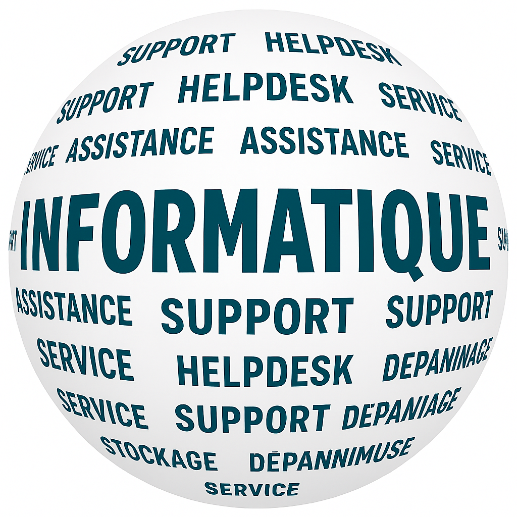 Sphère Informatique avec les mots support, helpdesk, assistance et maintenance