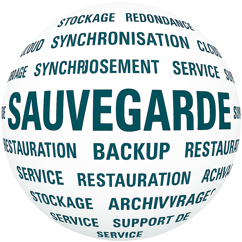 Sphère Sauvegarde avec les mots stockage, redondance, synchronisation, cloud, backup et archivage